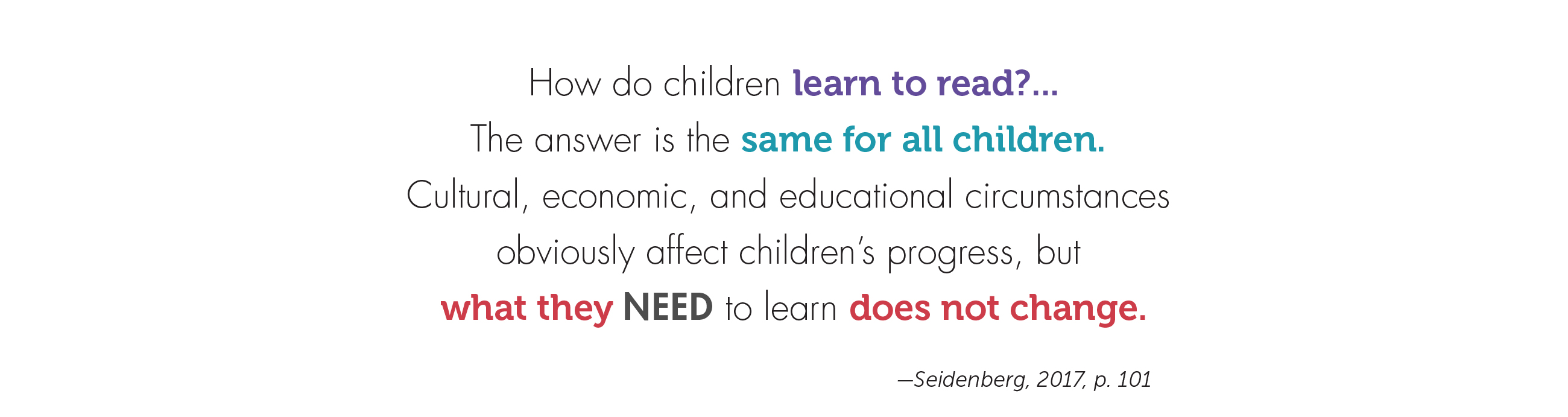 How do children learn to read?...The answer is the same for all children. Cultural, economic, and educational circumstances obviously affect children's progress, but what they need to learn does not change. -Seidenberg, 2017, p. 101
