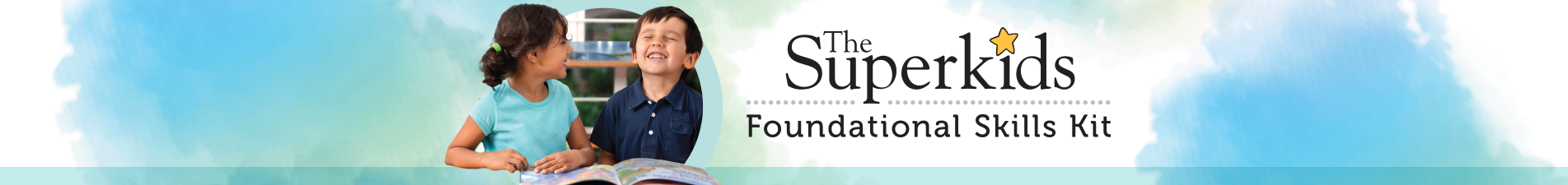 Banner for the Superkids Foundational Skills Kit featuring colorful illustrations.